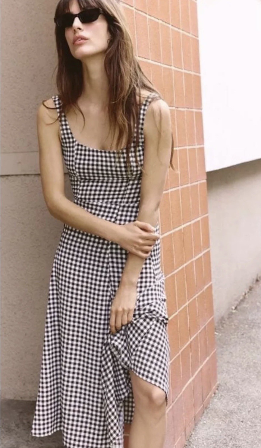 Zara Womens A-Line Gingham Midi Dress Brown Square Neck Sleeveless Zip Size s