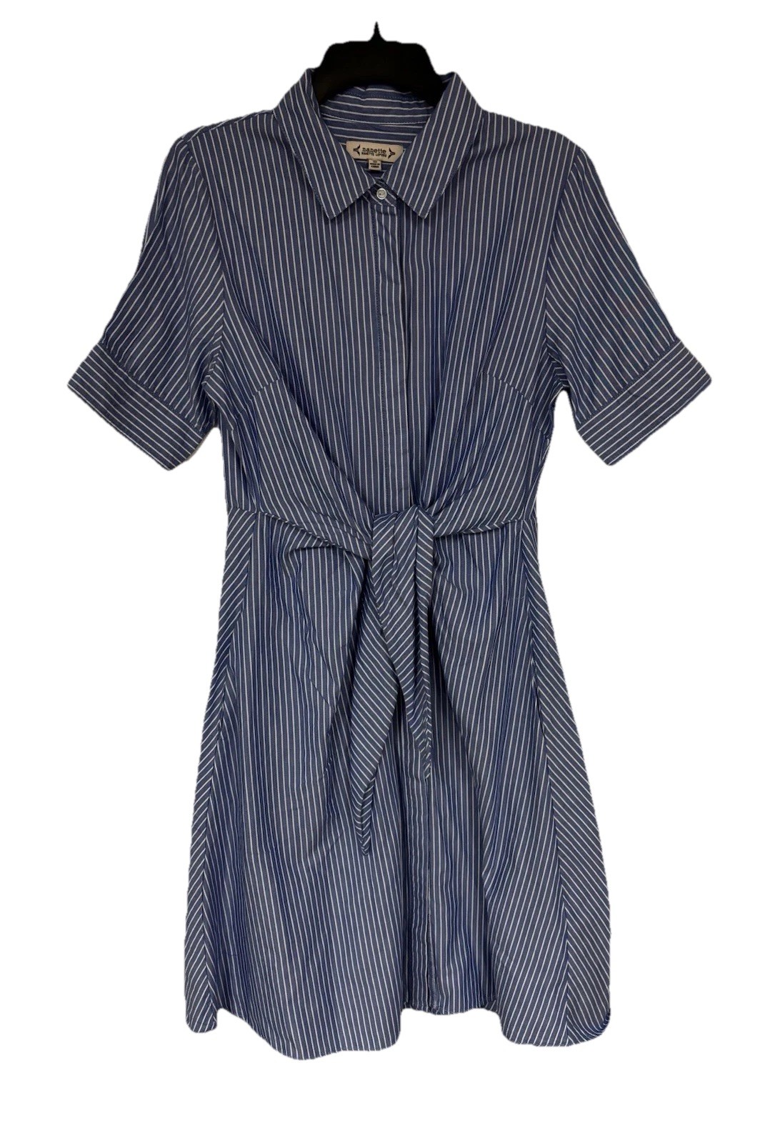 Nanette Lepore Blue Stripe Belted Shirt Dress Side Pockets Sz 10