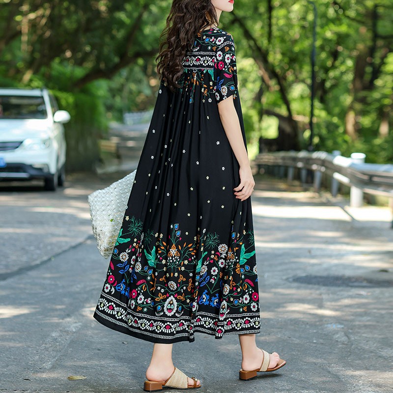 Women Summer Dress Short Sleeve Boho Midi Floral Print V Neck A Line Sundress