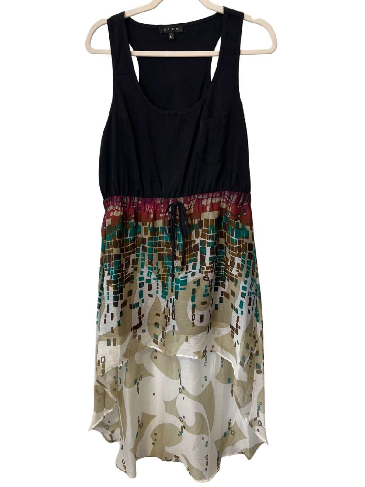 Glam Sleeveless High Low Dress Size Large Geometric Print Skirt Black Multicolor