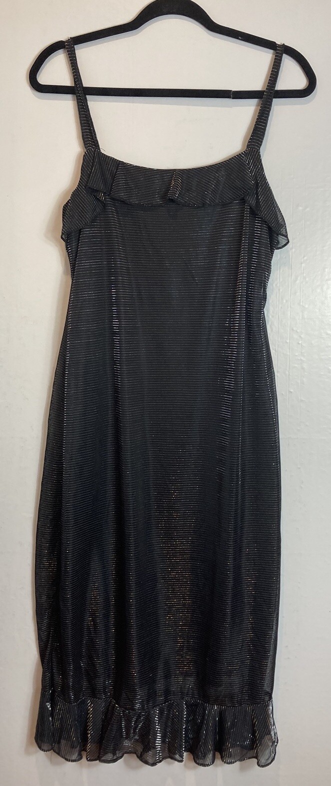 Vintage Fashion Bug Black Metallic Striped Slip Dress Size 12 Ruffle Hem 90s