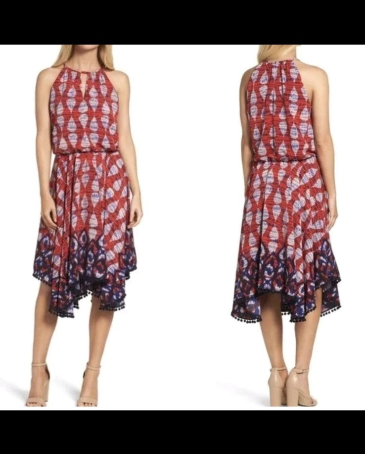 Maggy London Red White Blue Geometric Halter Sleeveless Midi Pom Pom Hi-Low 12