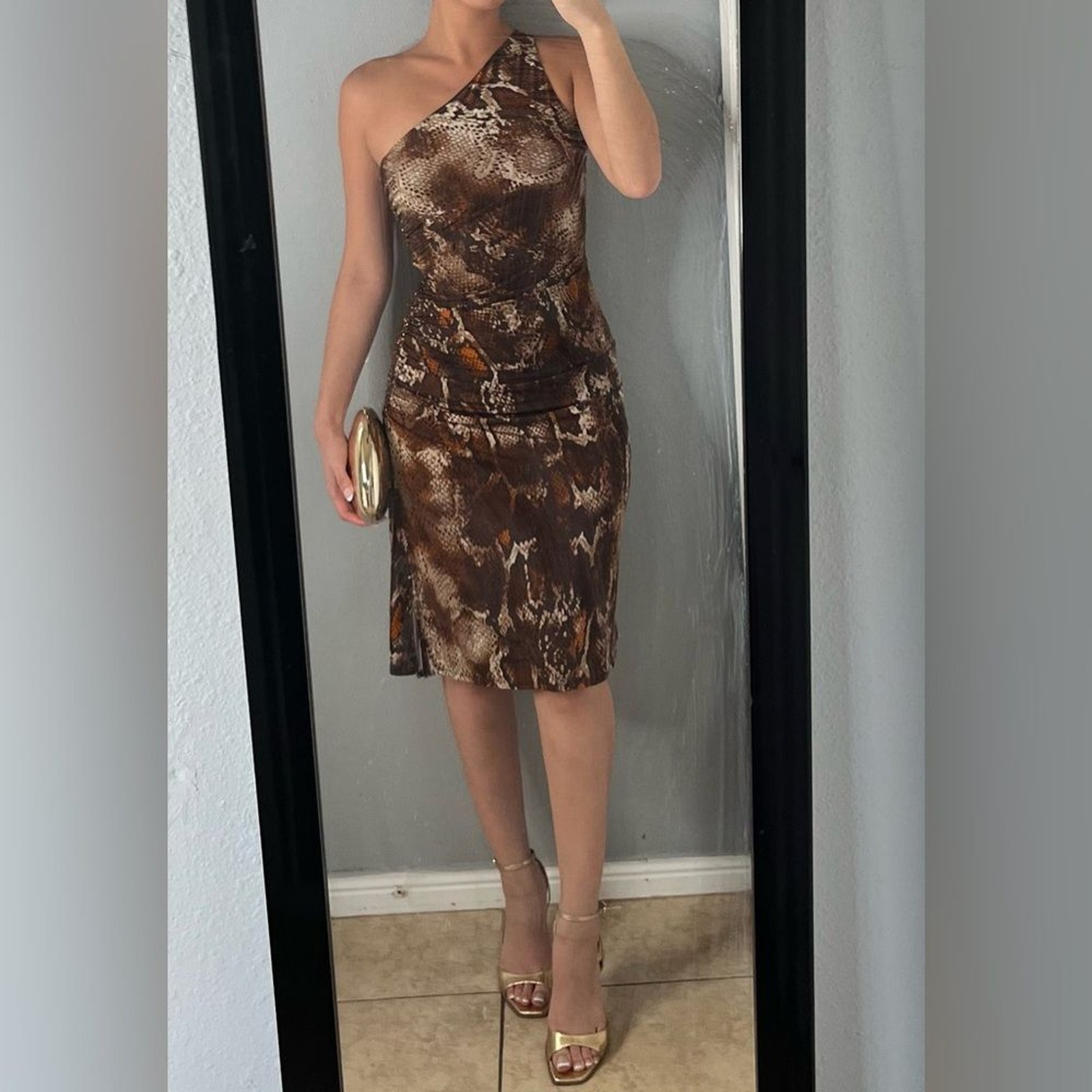 Snakeskin print one shoulder ruched bodycon side slit midi dress 6 | Y2K glam