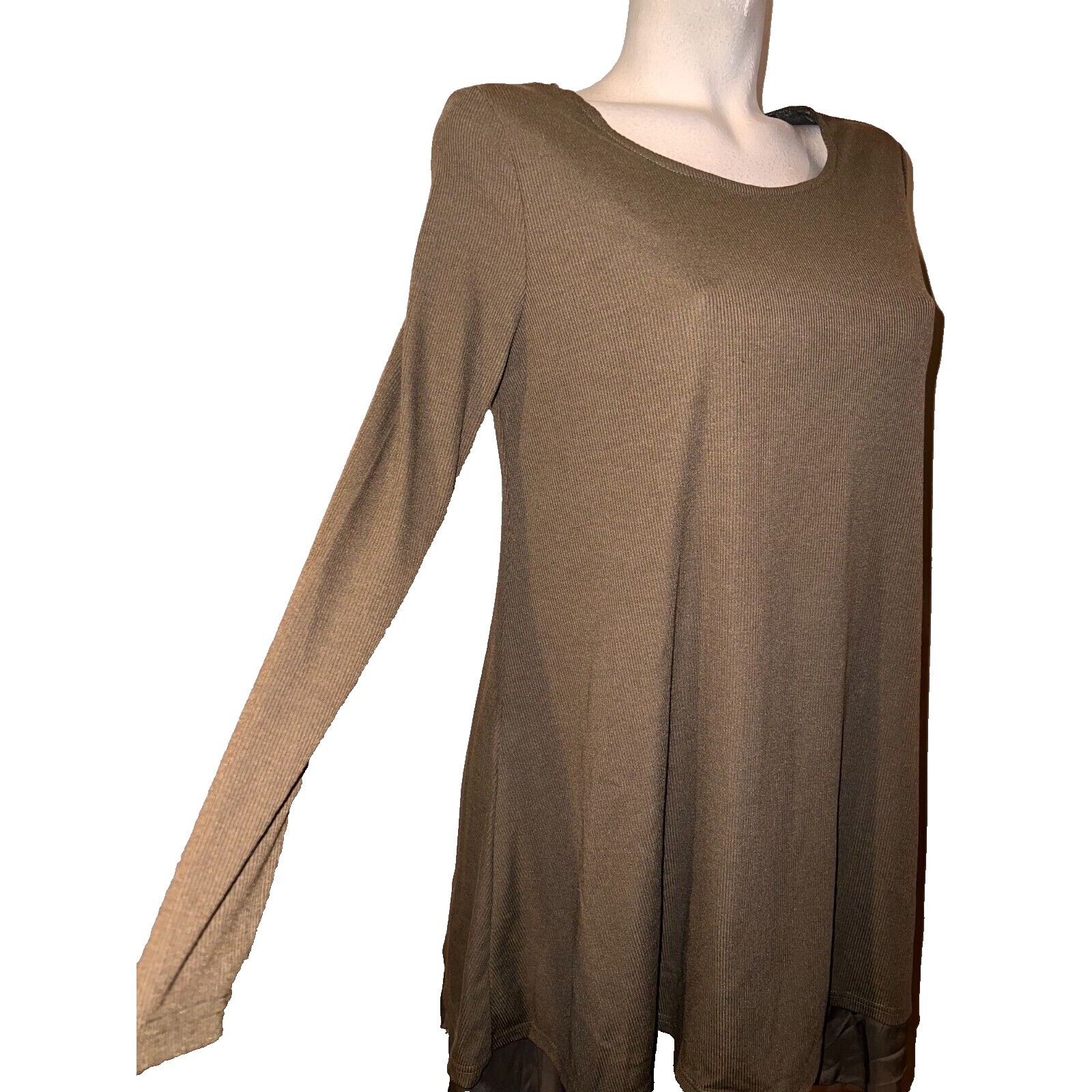 Brown Ribbed Knit Bow Back Layered Chiffon Hem Long Sleeve Tunic Mini Dress S