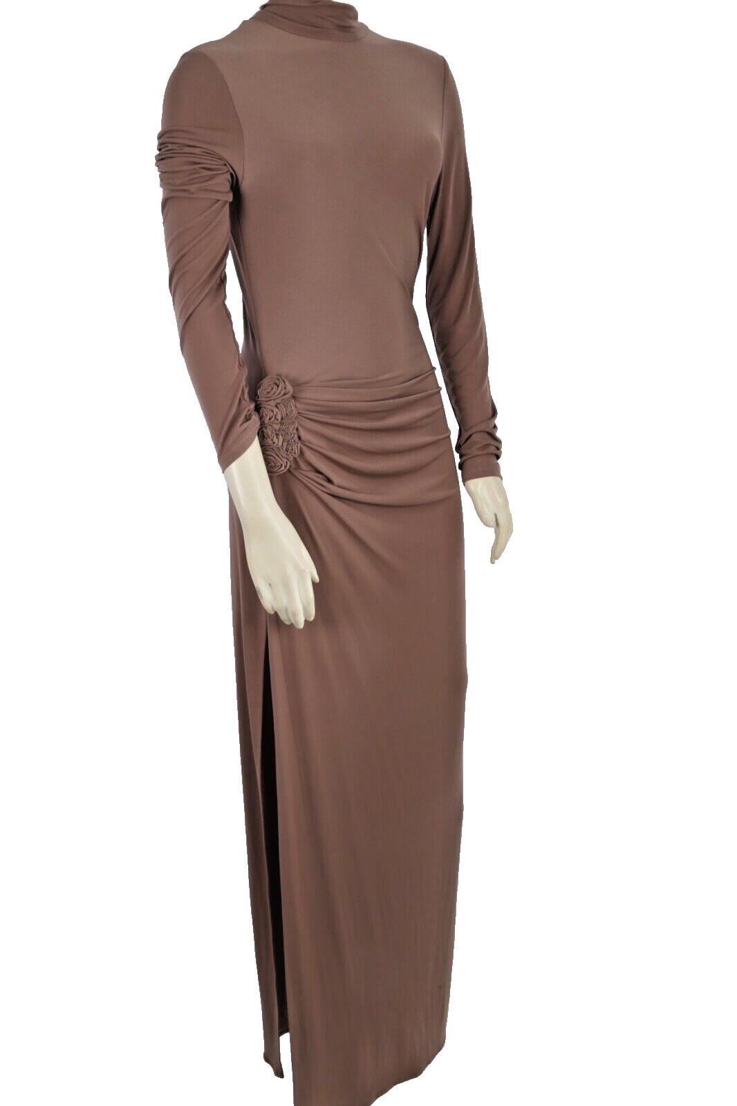 Magda Butrym Brown Mock Neck Long Sleeve Ruched High Slit Maxi Dress Size M