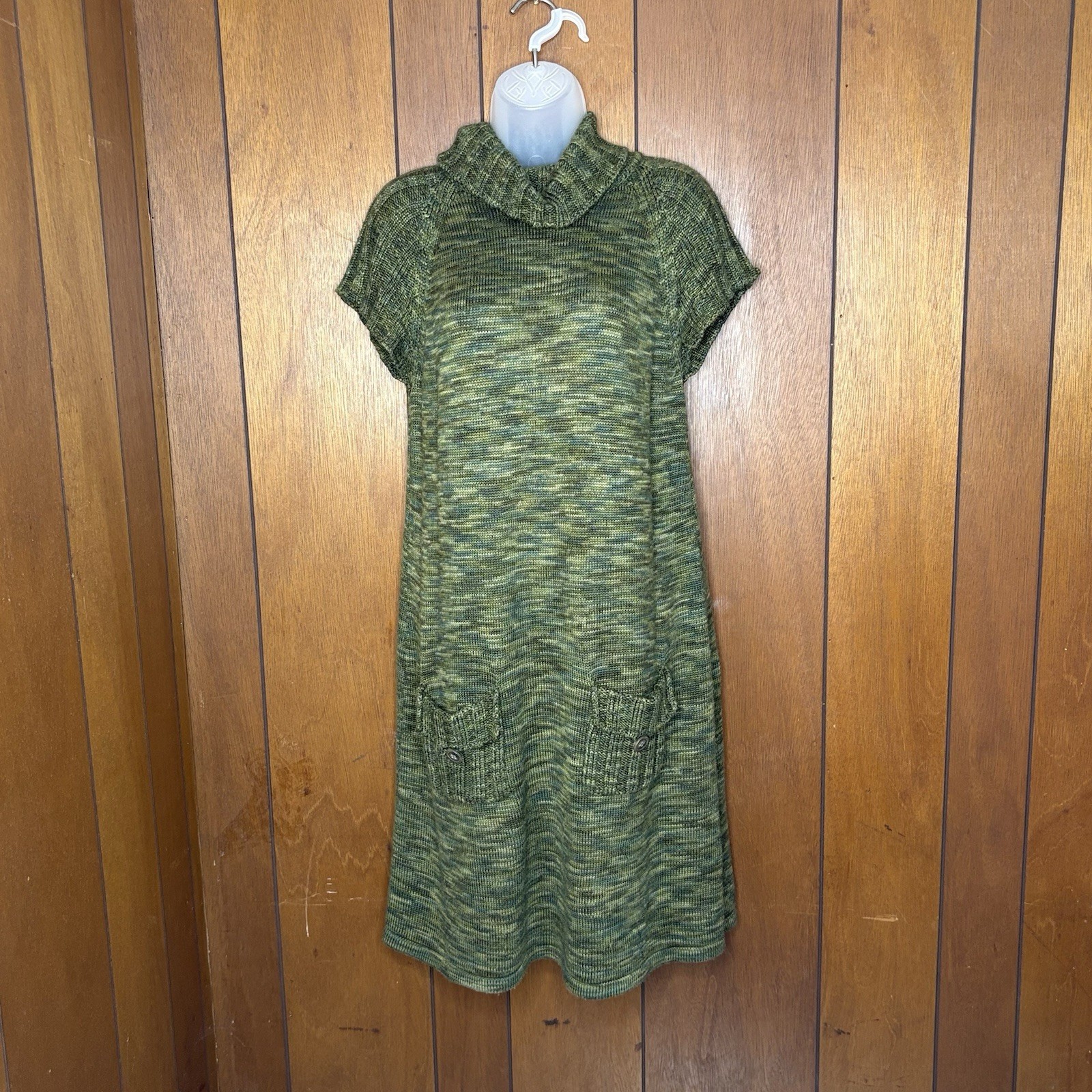 Calvin Klein Sweater Dress M Green Marled Knit Cowl Neck Pocket Cozy Cottagecore