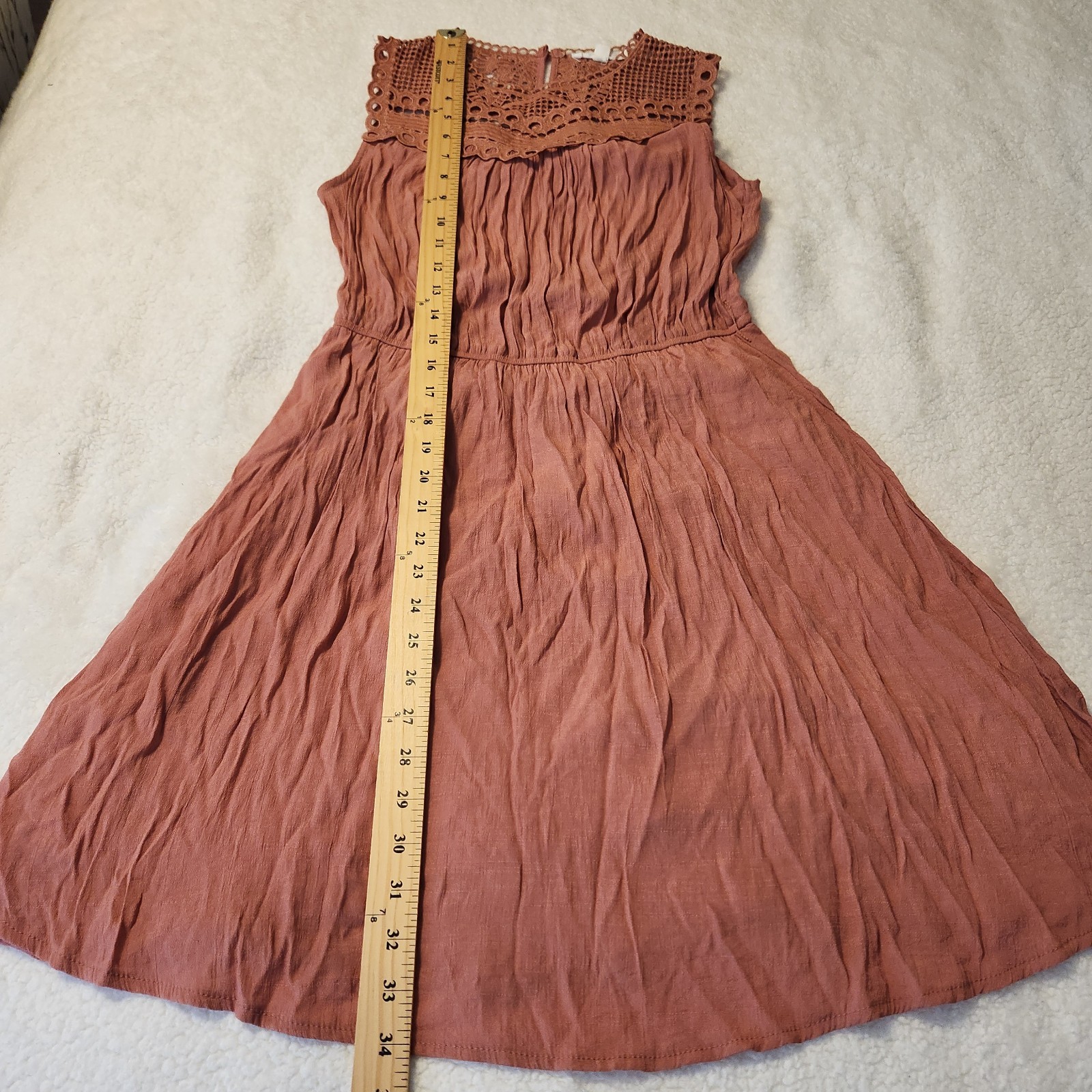 MINE Blush Pink Crochet Lace Accents Sleeveless Smocked Lined Mini Dress Size S