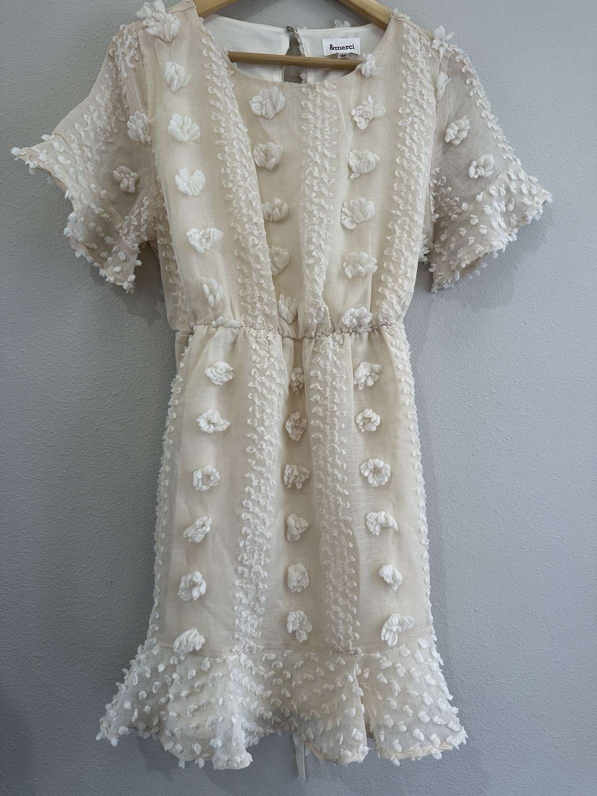 &Merci Ivory Textured Mini Dress 3D Pom Pom Floral Appliqués Size MEDIUM