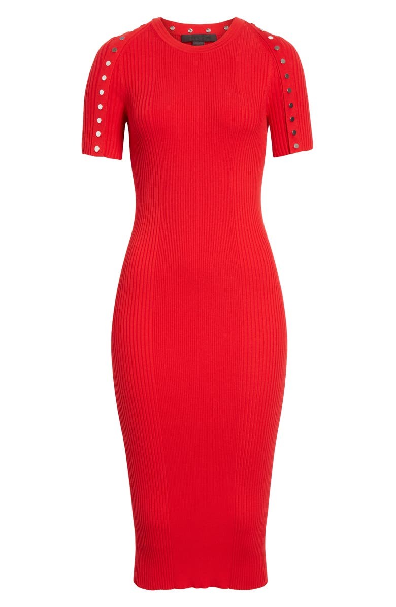 ALEXANDER WANG Snap Short Sleeve Ribbed Knit Bodycon Midi Dress, XS Red