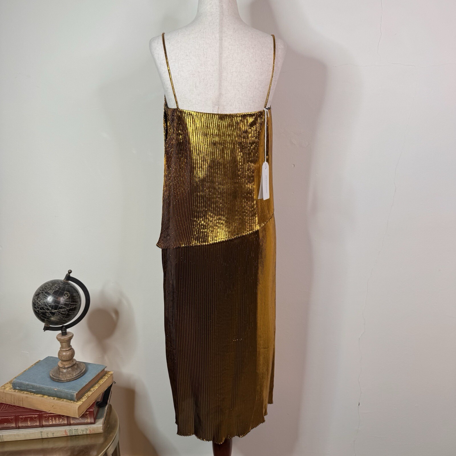 Cedric Charlier Gold Metallic Pleated Midi Dress NWT Size 40 US 6 SS 2018