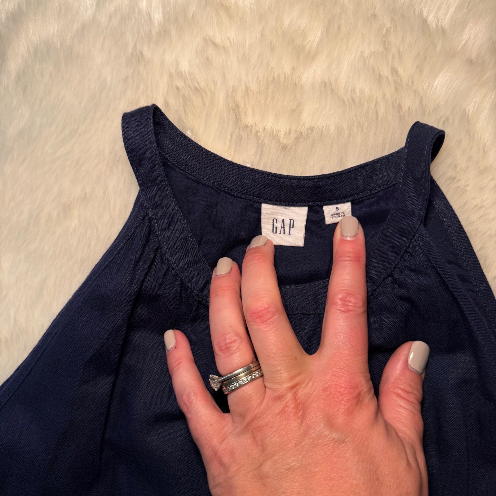 Gap Navy Blue Linen Cotton Halter Button Front Utility Midi Dress Small Preppy