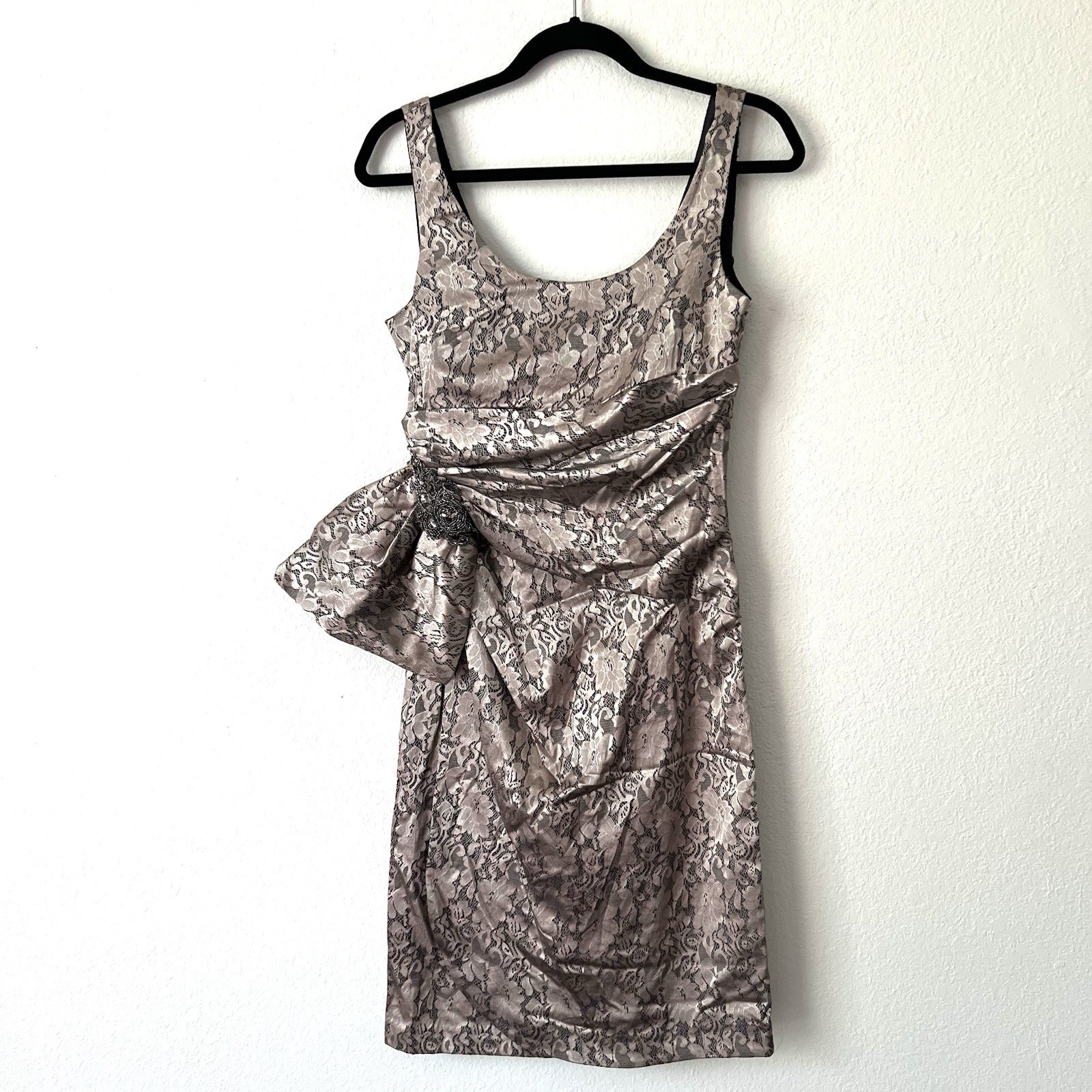 K. Jordan Lace Champagne Black Faux Wrap Cocktail Dress Sz 6 Romantic Coquette