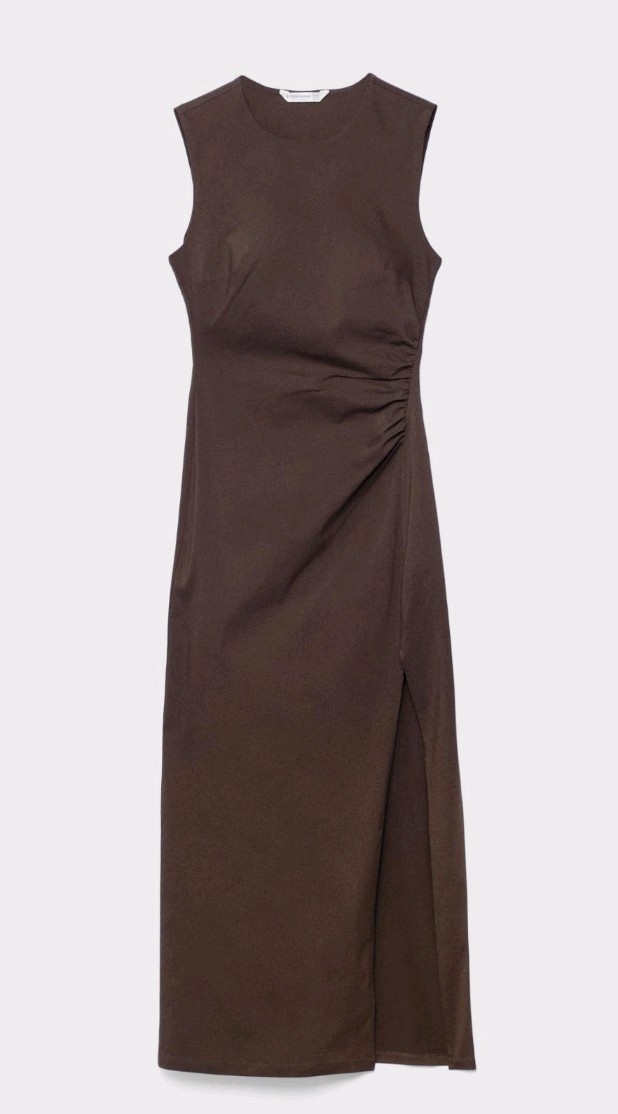 Stradivarius, brown, It features a crew neck, sleeveless, high side leg slit. S