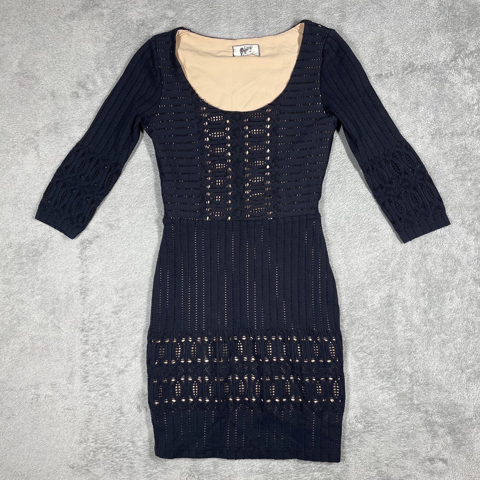 Nightcap Dress Womens S Blue Sweater Dress Scoop Neck Lined Crochet 3/4 Sleeve