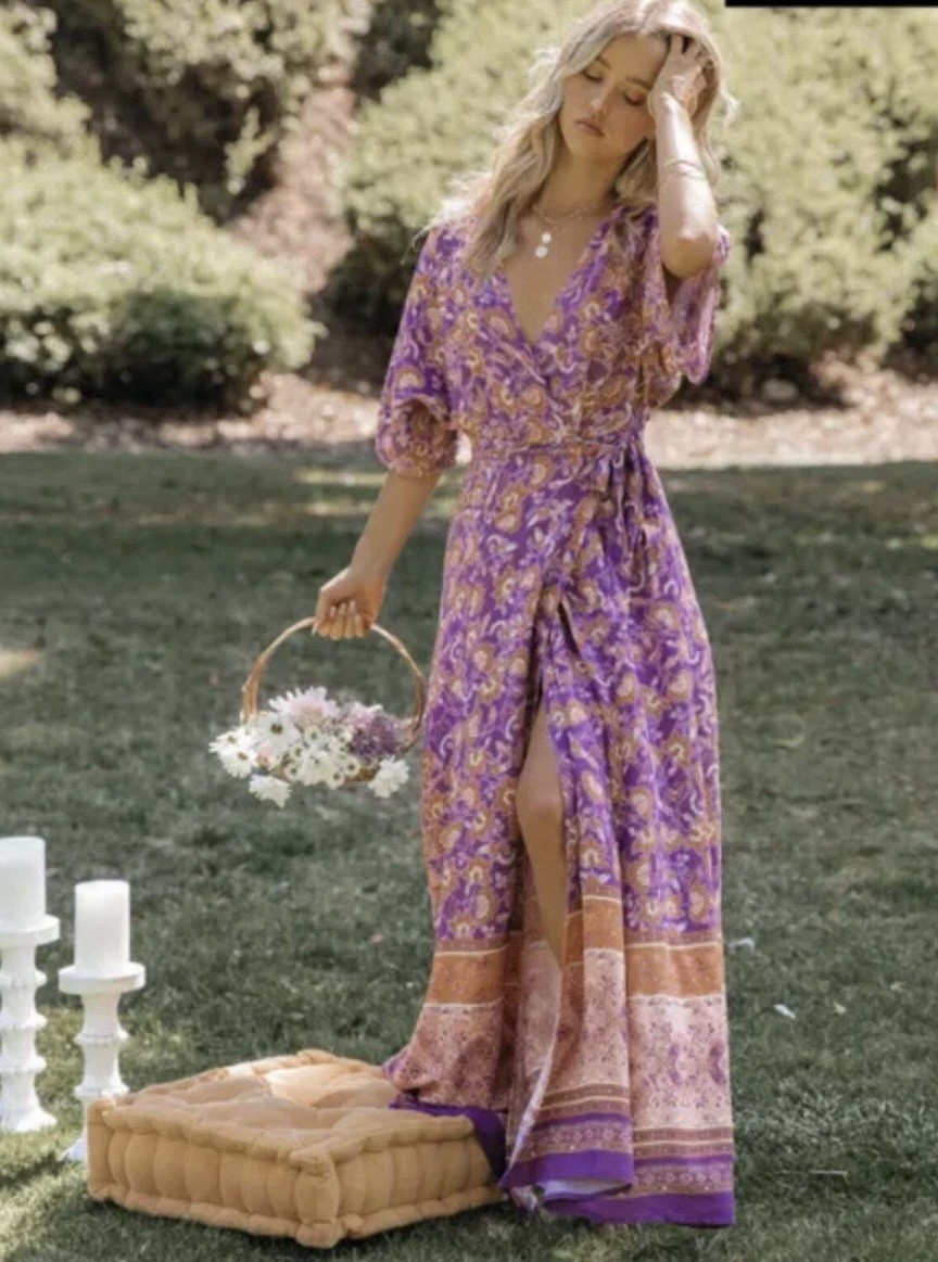 VICI Purple/Orange Floral Wrap Tie V-Neck Short Sleeve Maxi Dress M