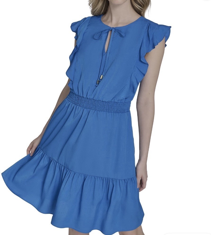 Falling Flowers Women’s Smocked Fit & Flare With Ruffle Details Short Dress, L