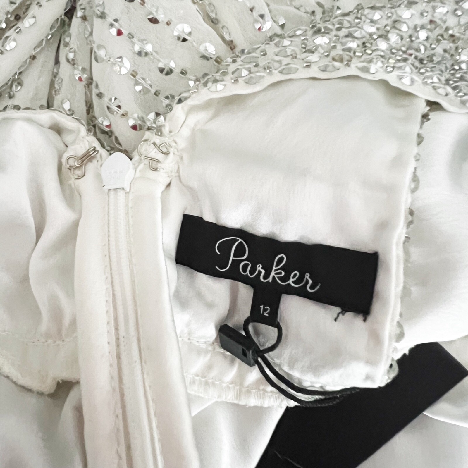 NEW Parker Lita Halter Keyhole Sequin Beaded Embellished Gown Dress Silver White