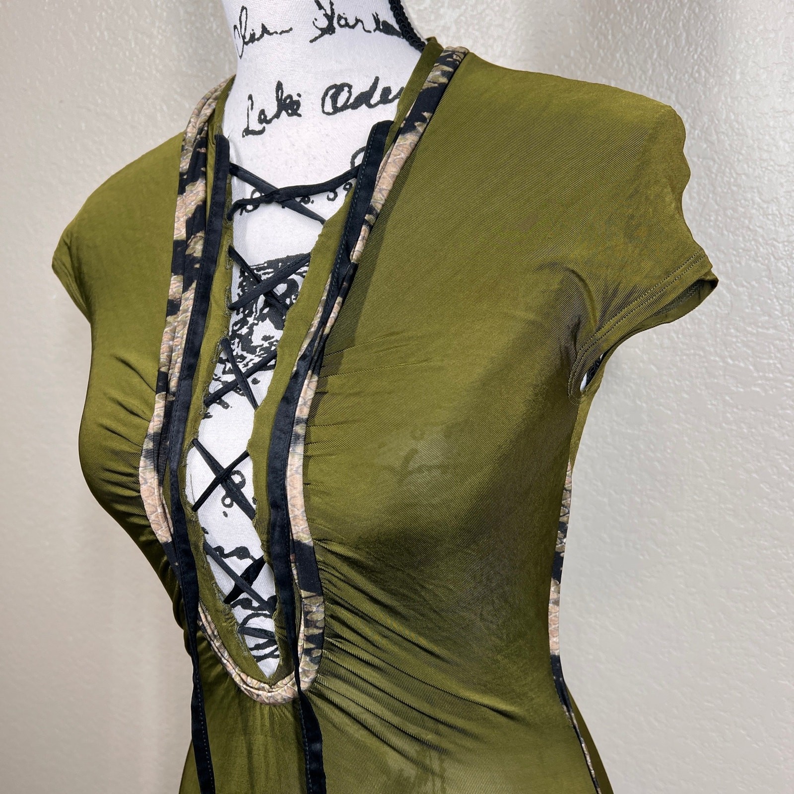 Just Cavalli by Roberto Cavalli olive dress deep lace-up plunging neckline 38