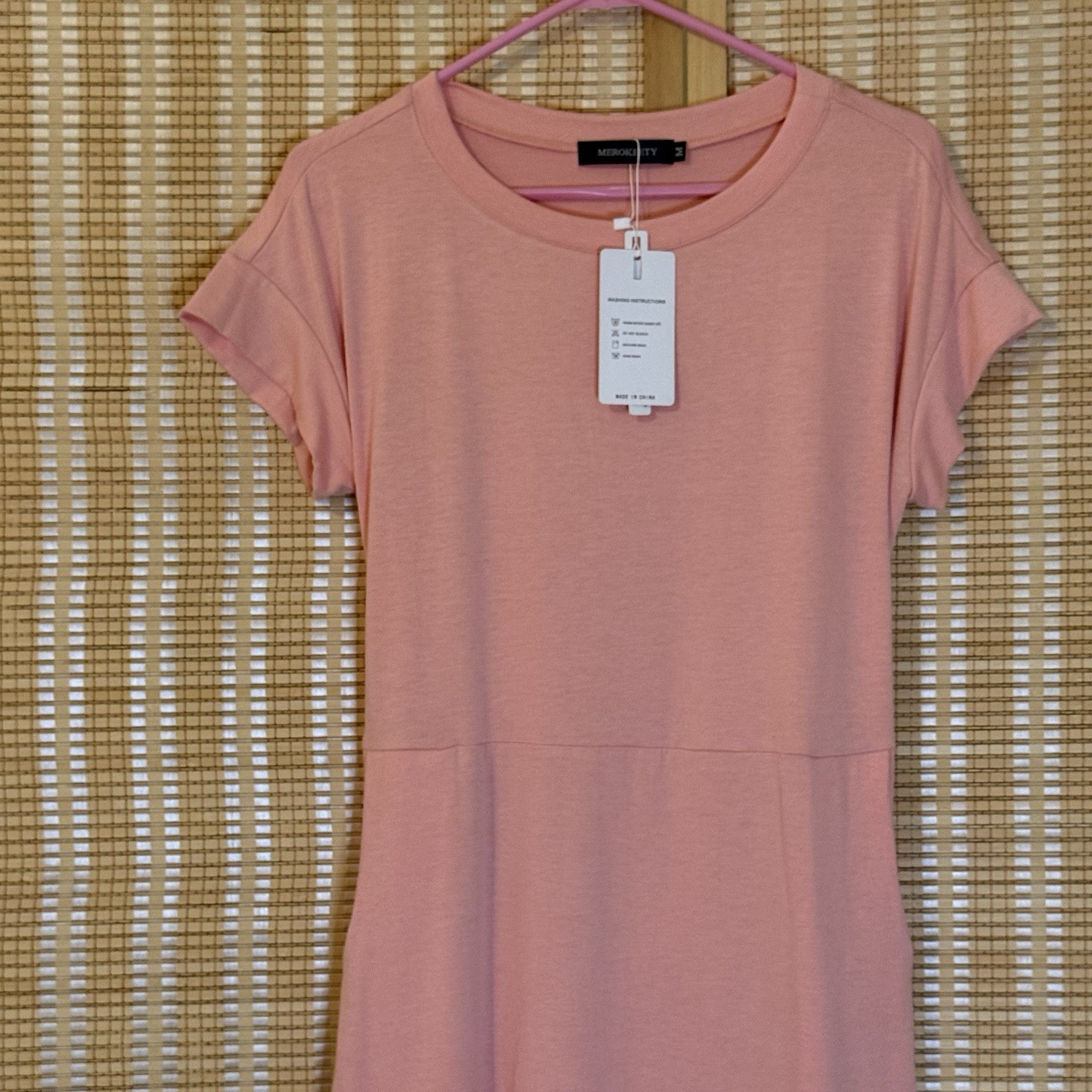 Merokeety Womens M Dress Shift Knee Short Sleeve Pockets Pink Party Career