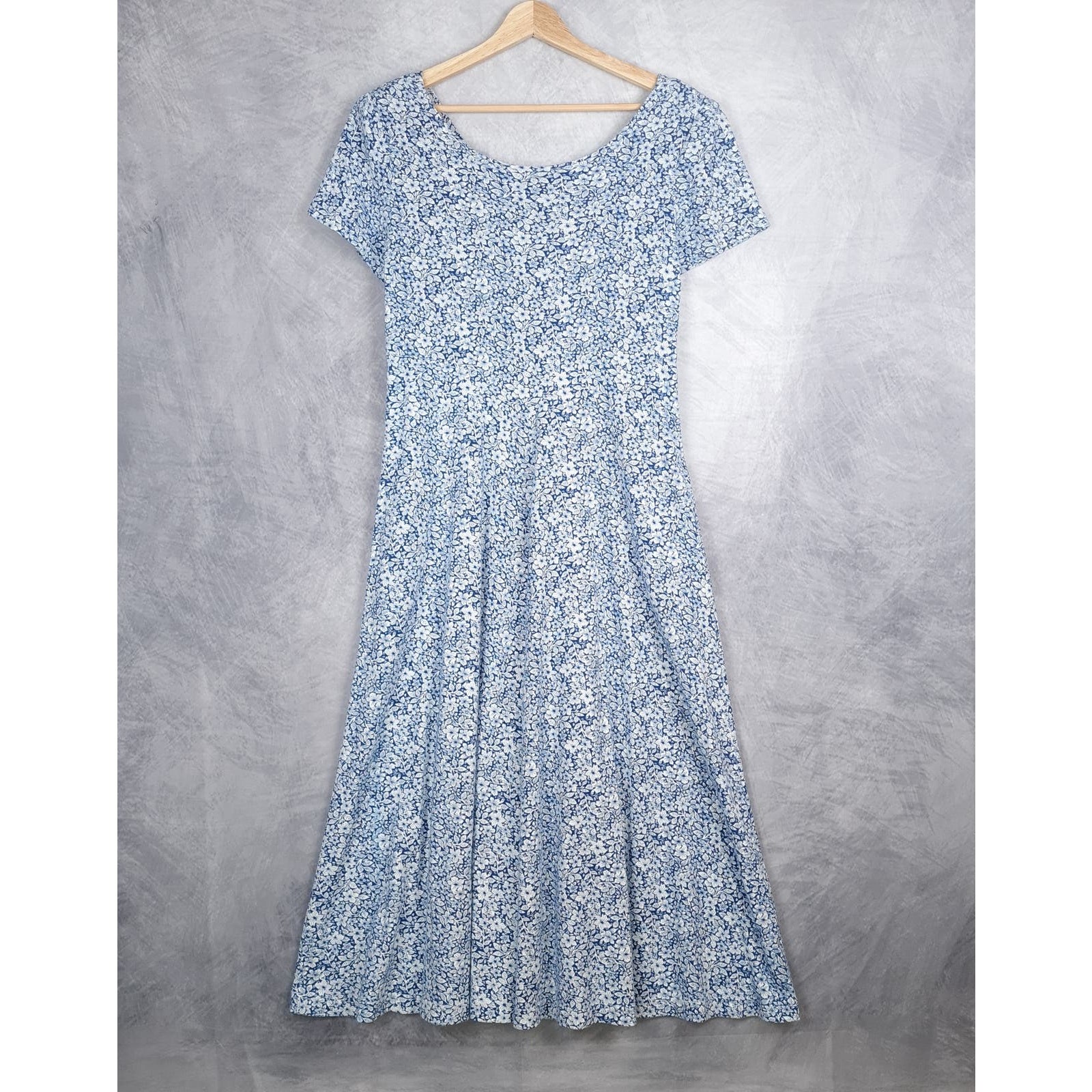 Vintage Lanz Dress Womens L/XL Blue White Floral Cut Out Back Romantic Cottage