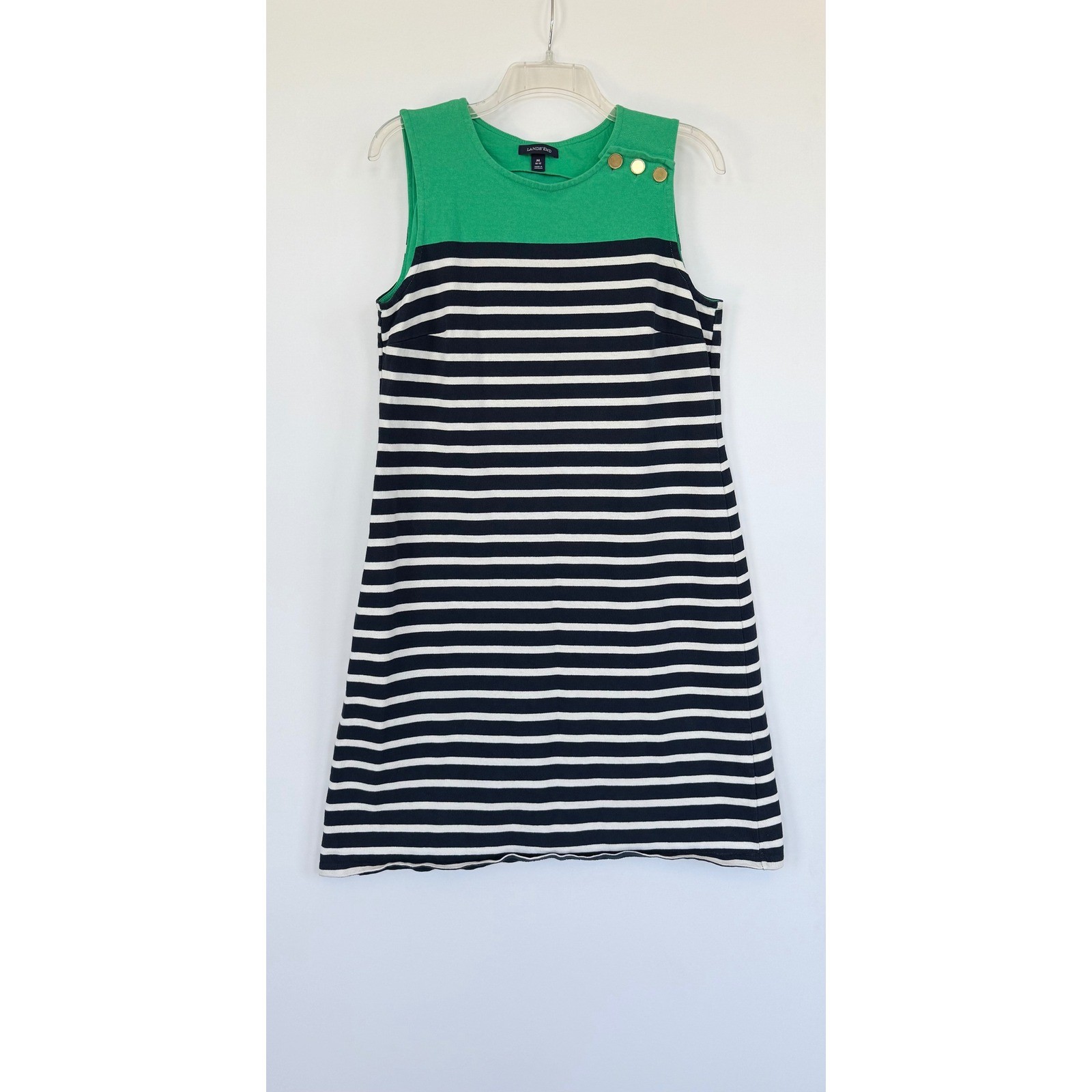 Lands End Womens Green Navy Stripe Cotton Sleeveless Shift Dress Preppy Nautical