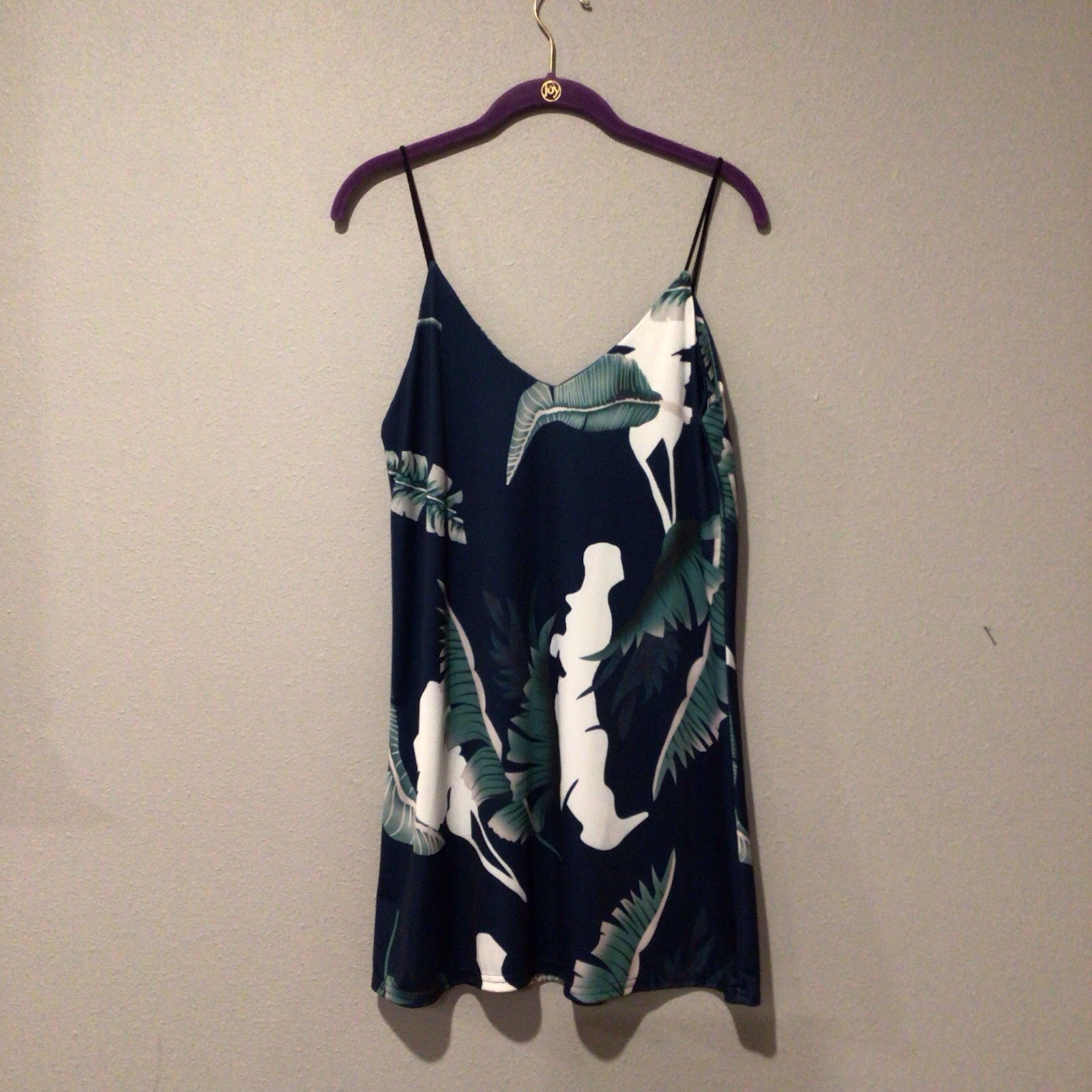 Women Navy Tropical Floral V-Neck Sleeveless Camisole Dress S Polyester Spandex