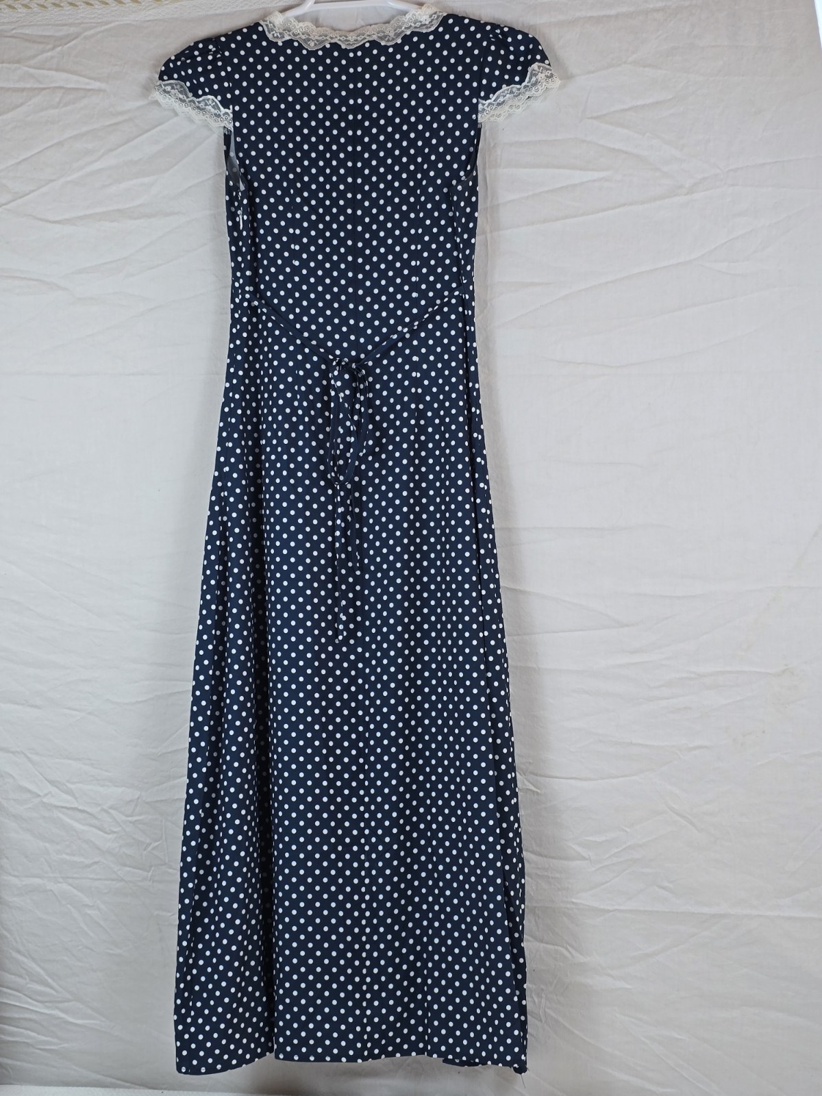 RIHOAS Navy White Polka Dot Lace Trim V-Neck Maxi Dress XS Short Sleeve
