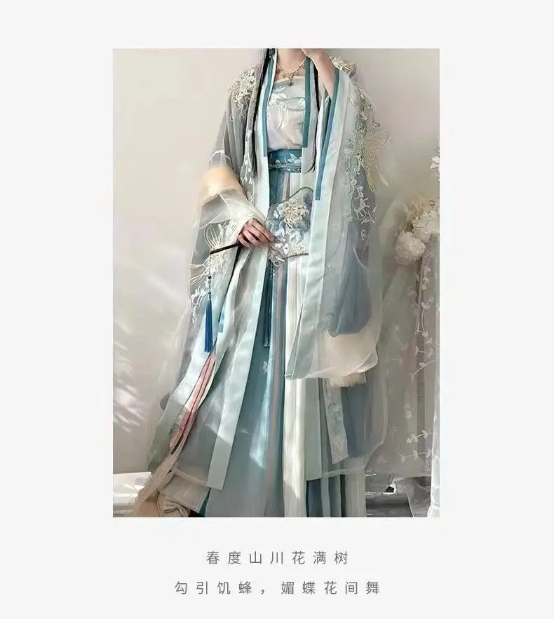 Big Sleeve Cape With Camisole And Pleated Skirt Chinese Style Embroidered Hanfu