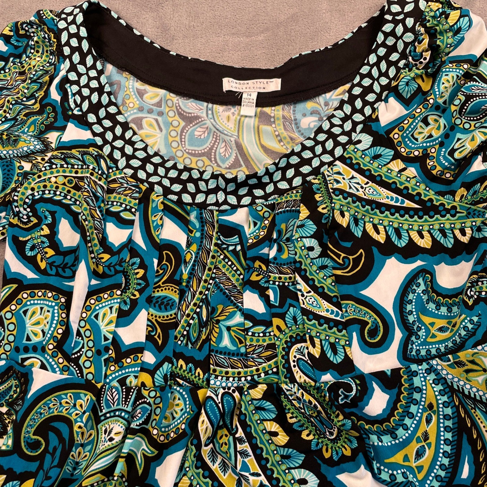London Style Collection Blue Green Paisley Empire Waist Puff Sleeve Dress 14