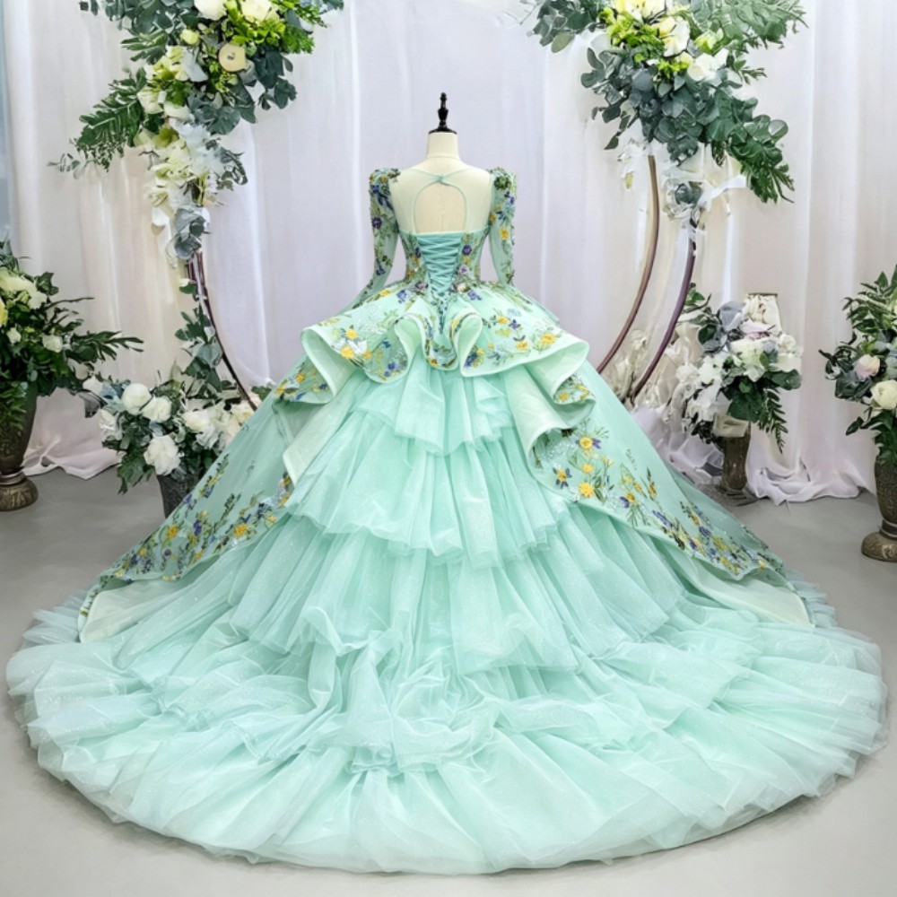 Mint Green Floral Ball Gown Long Sleeve Quinceanera Dress Vintage Princess Gowns