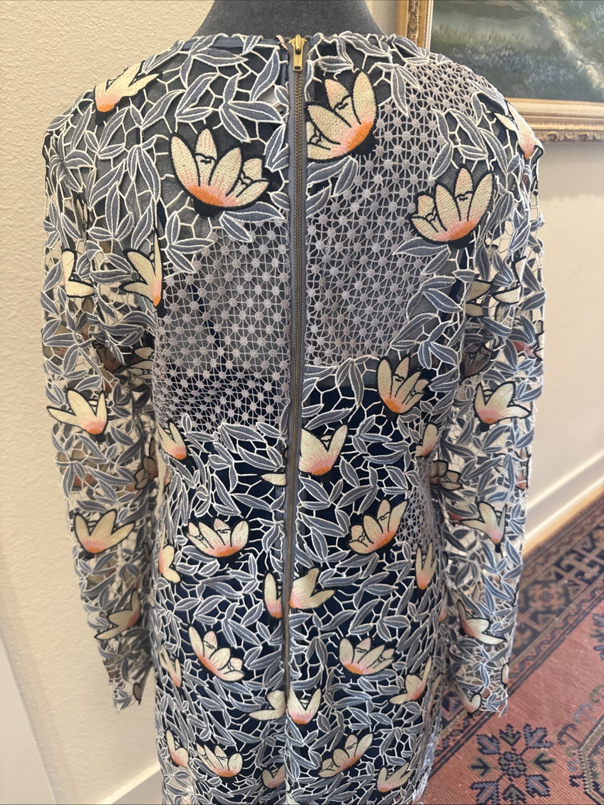 Self Portrait Lace Dress Flower Pattern Blue/ Lavender UK14 US10 Cut Out