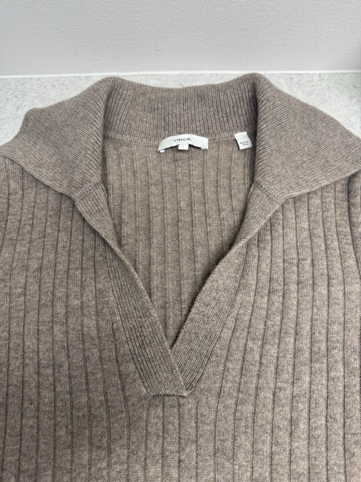 Vince Cashmere Wool Collared Ribbed Sweater Dress Polo Knit Brown Mocha Tan L