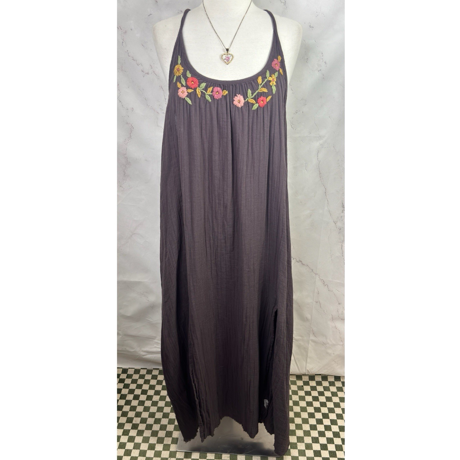 Natural Life Cosette Midi Dress L/XL Cottagecore Embroidered Gauze Boho Slit