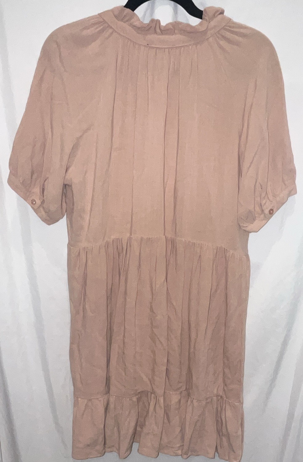 Very J Solid Beige Short A-Line Dress S V-Neck Short Sleeve Ruffle Accents