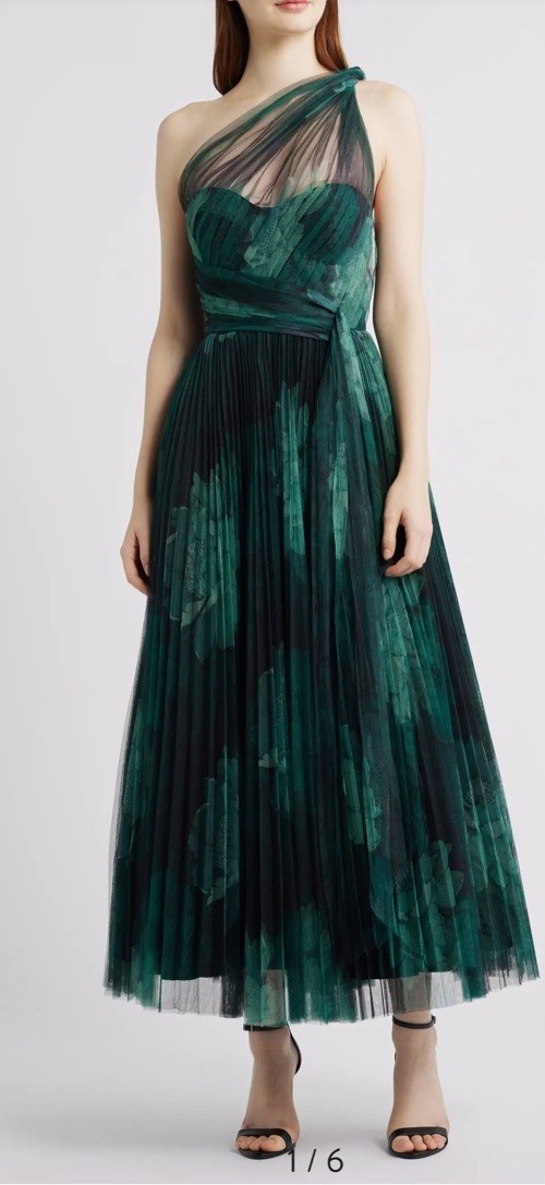 Hutch Tulle PhilippaOne-Shoulder Gown Dress,Sz 10,New,forestTonal SketchedFloral