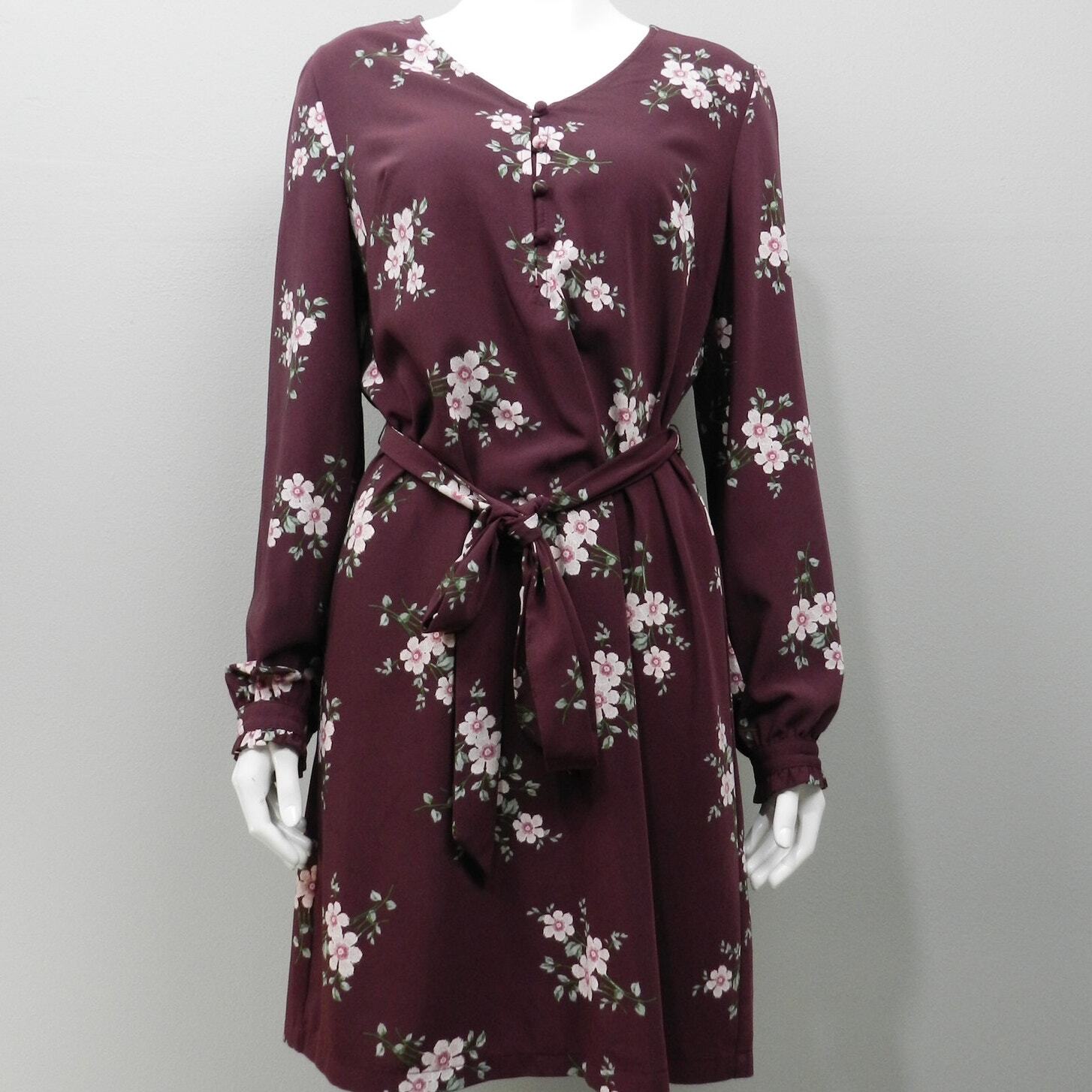 Loft Burgundy Floral Shirt Dress Sz 4 Long Sleeve Belted Above Knee