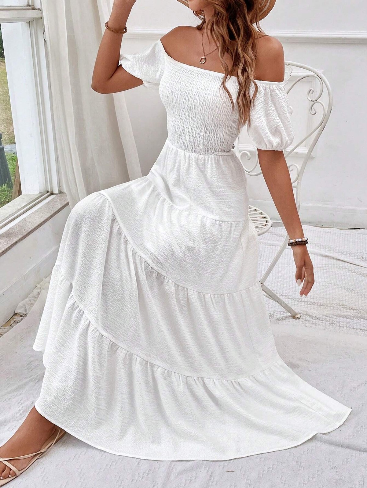 Elegant ladies off shoulder holiday dress in white