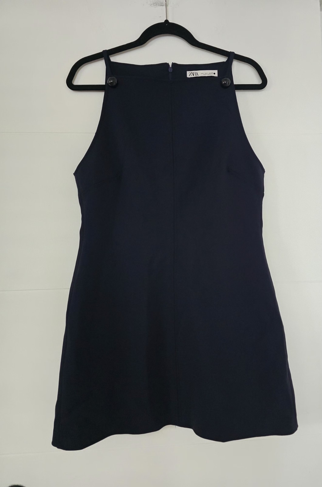 Zara Dark Navy Blue Mini Dress L Button Strap Detail Square Neck Shift AS IS