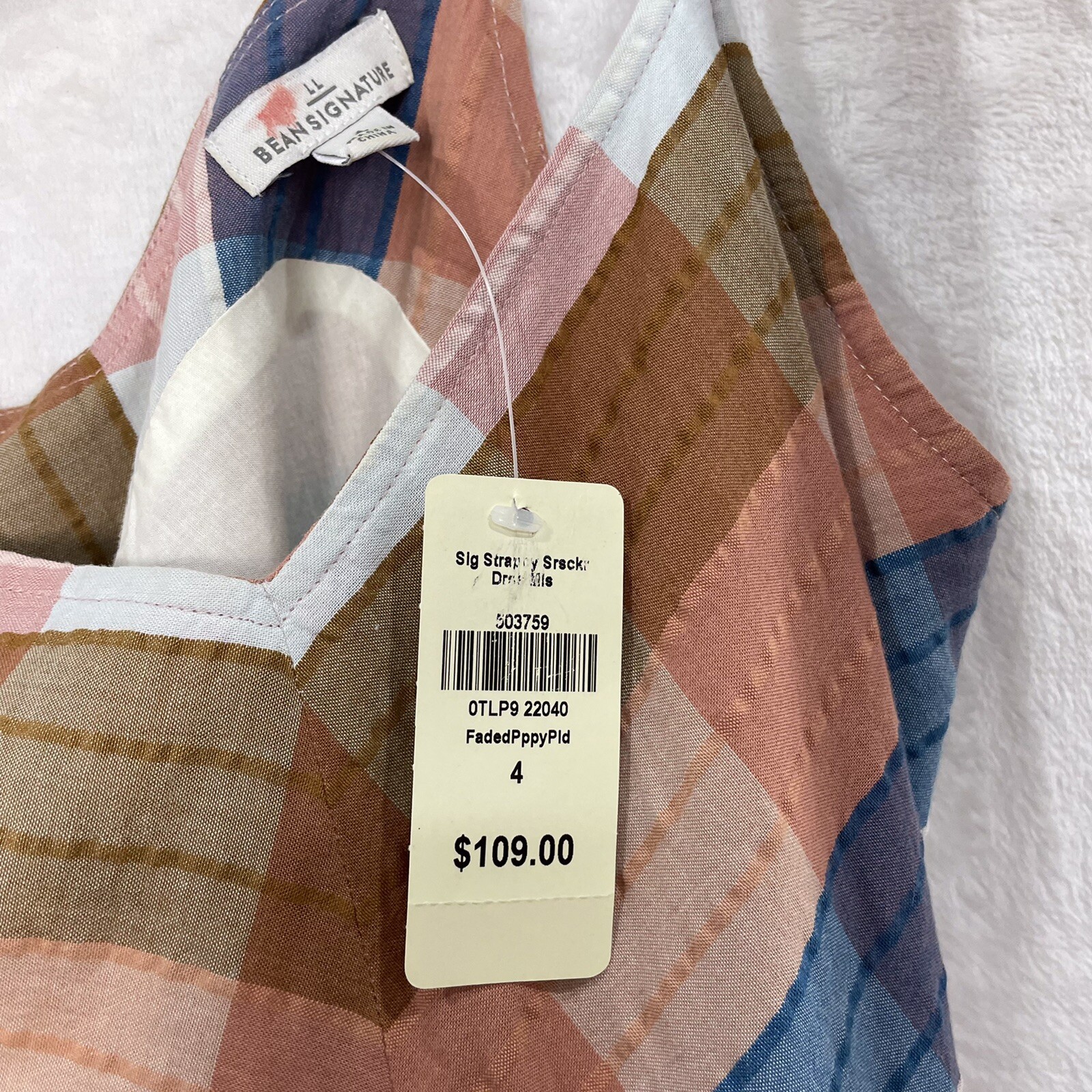LL Bean Plaid Pleated Strap Dress 4 Small A Line Fit Flare Midi Blue Peach NEW