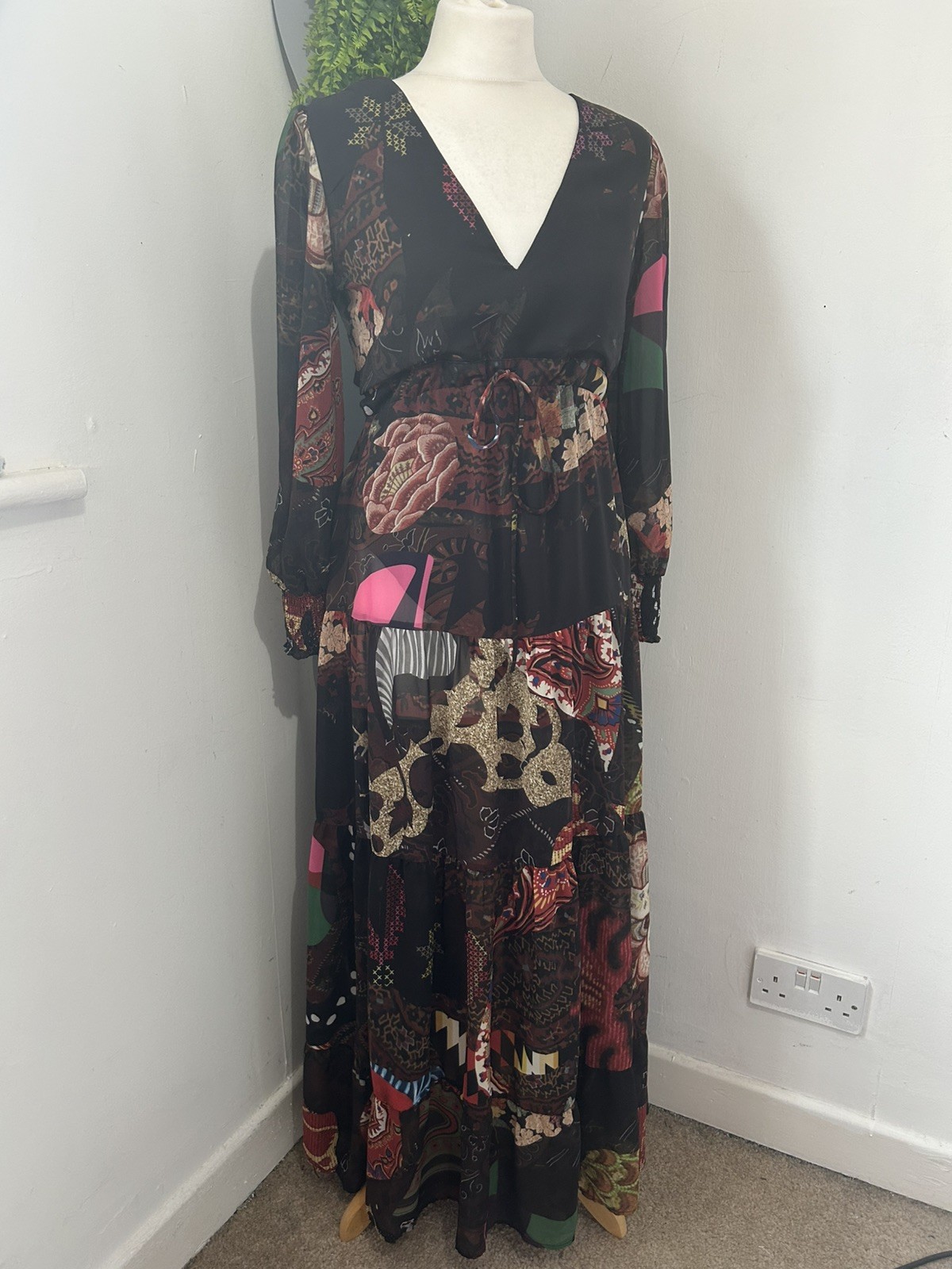 DESIGUAL Womens midi dress Long Sleeve , smocked cuffs, drawstring, medium