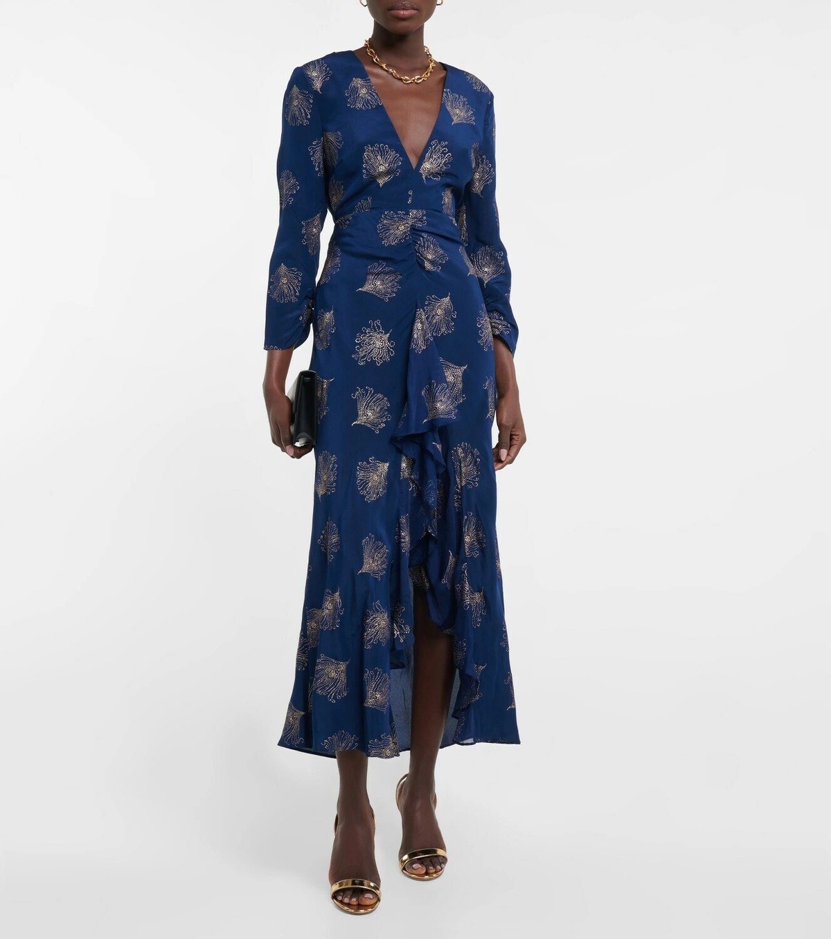 NWT Rixo Navy Rose Cut Out Ruffle Glittered Silk Crepe Midi Dress 4