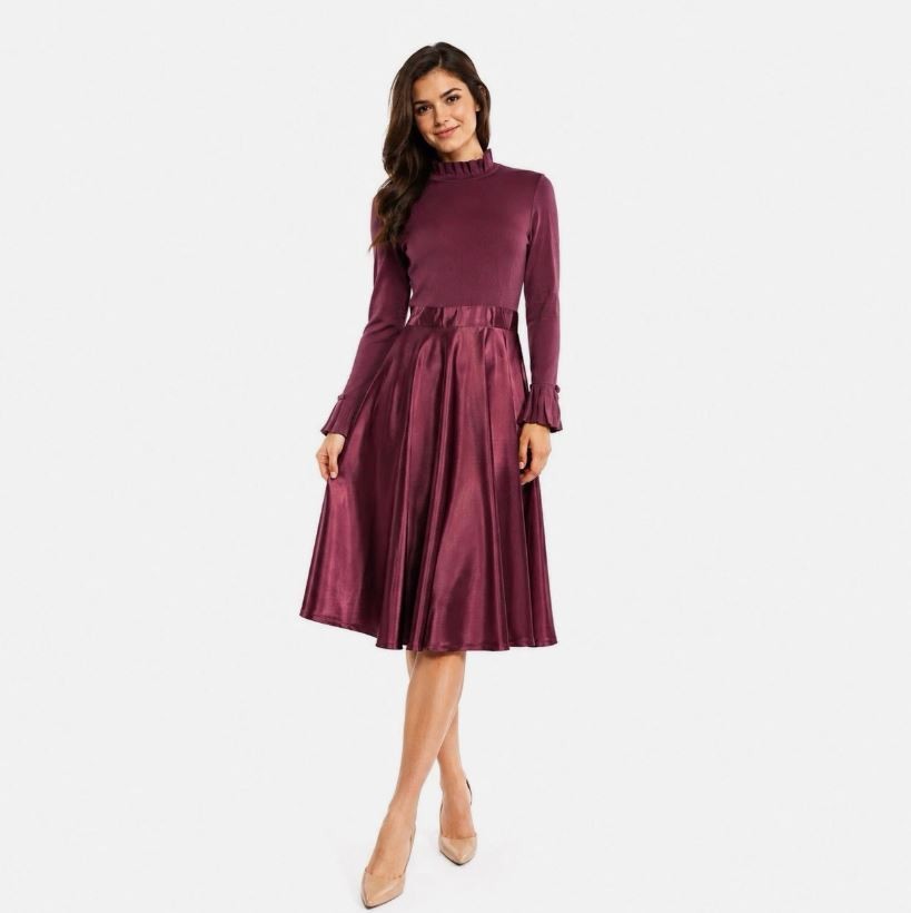 Ted Baker Zadi Cocktail Dress Fit & Flare Frill Neck 258627 Maroon Red Sz M/3