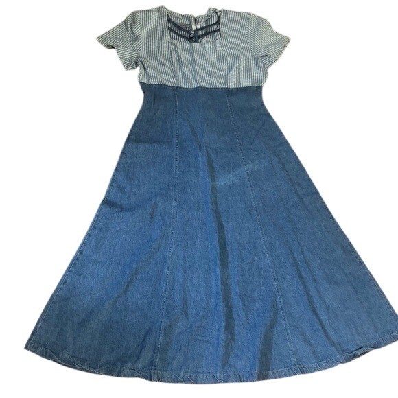 Vintage Lira Denim Blue Gingham Short Sleeve Baby Doll Maxi Dress Y2k Western