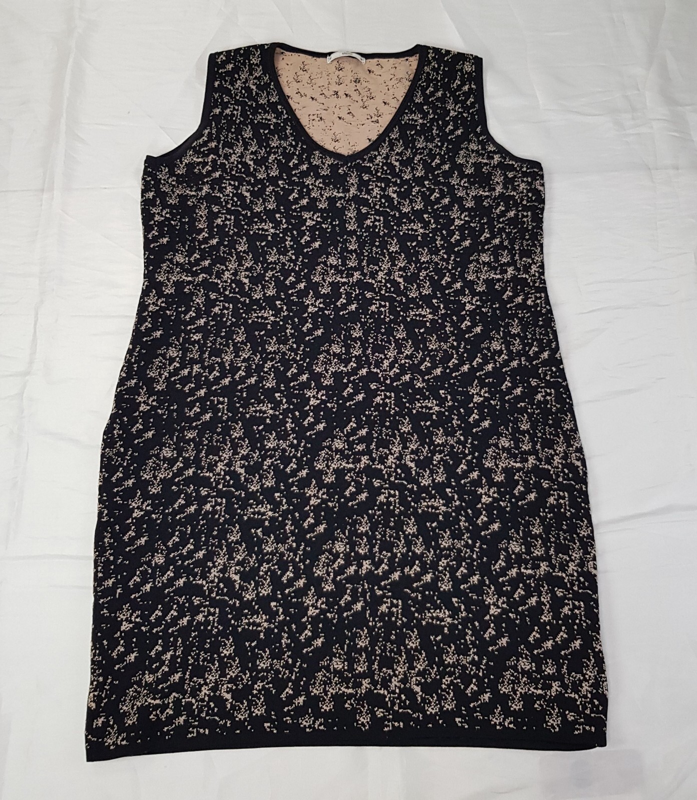 SIONI SIZE 14UK L WOMENS BLACK BEIGE PONTE KNIT SLEEVELESS PULLOVER TUNIC DRESS