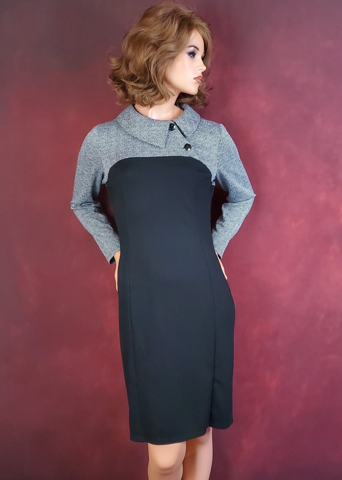 HOMEYEE Wear to Work Long Sleeve Herringbone Collared Sheath Dress XL Black Gray