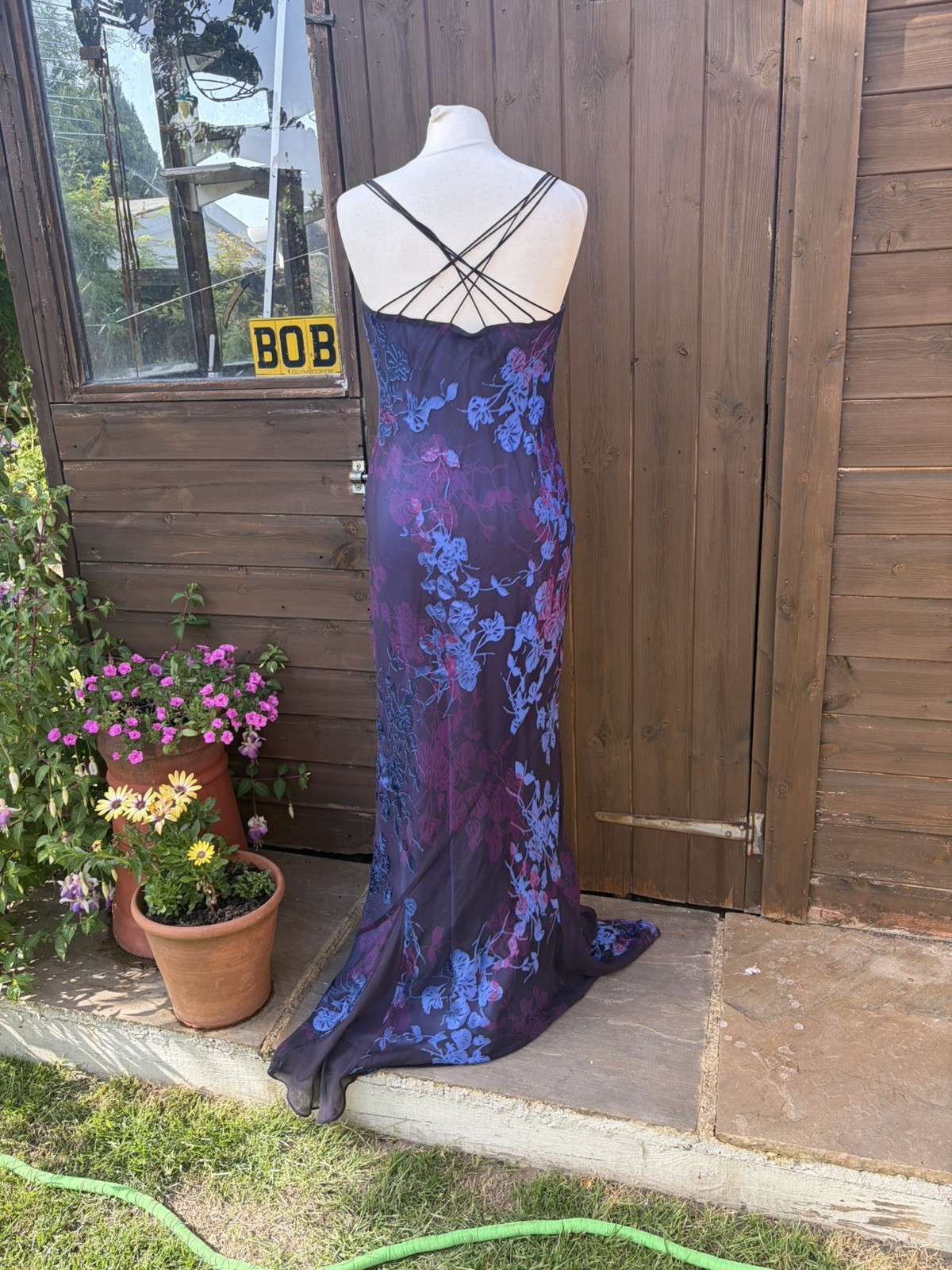 Y2k Monsoon purple blue silk devore cowl neck maxi evening wedding dress size 12