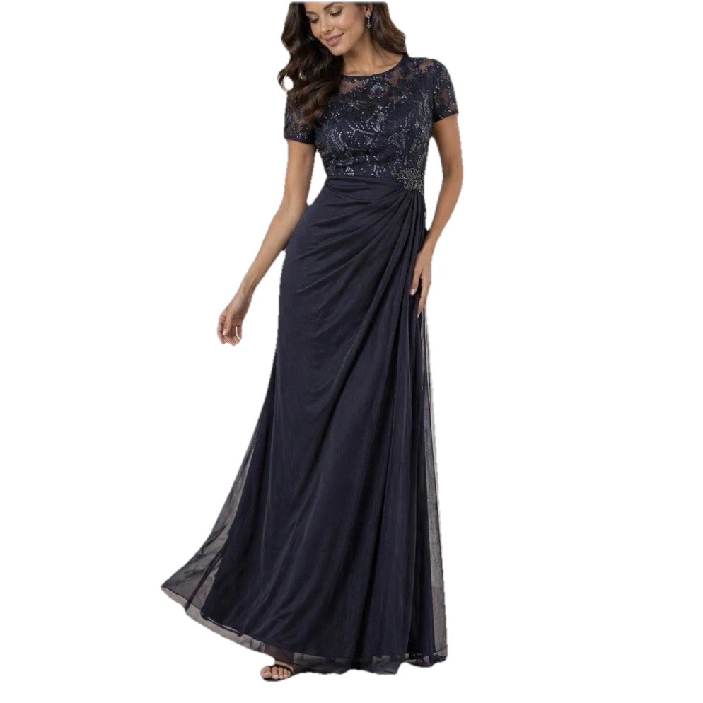 Alex Evenings Navy Blue Sequin Draped Short Sleeve Maxi Dress Size 10 Wedding