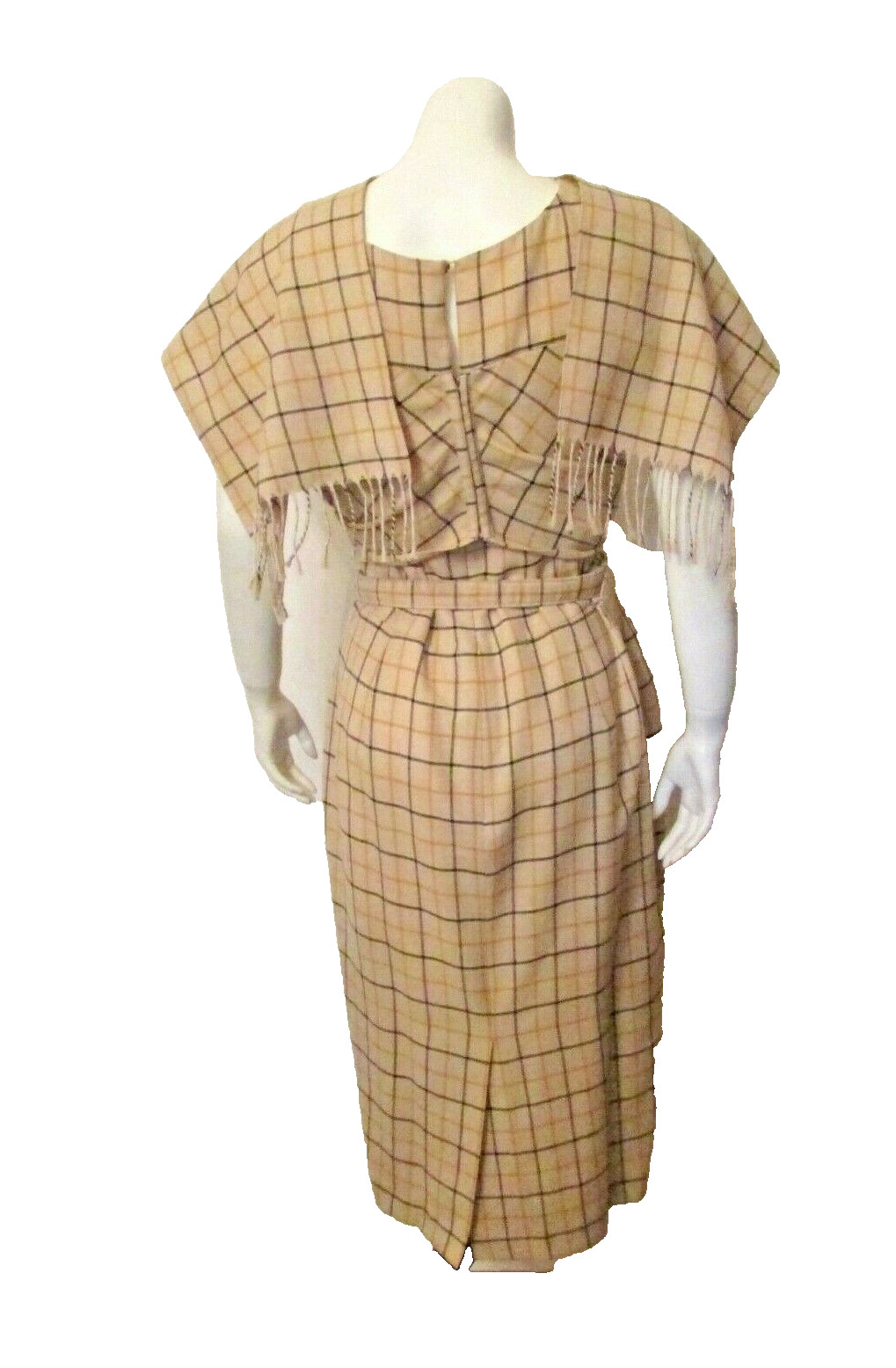 $2690 Carolina Herrera Italy Grey Plaid Attached Fringed Scarf Belted Dress 10