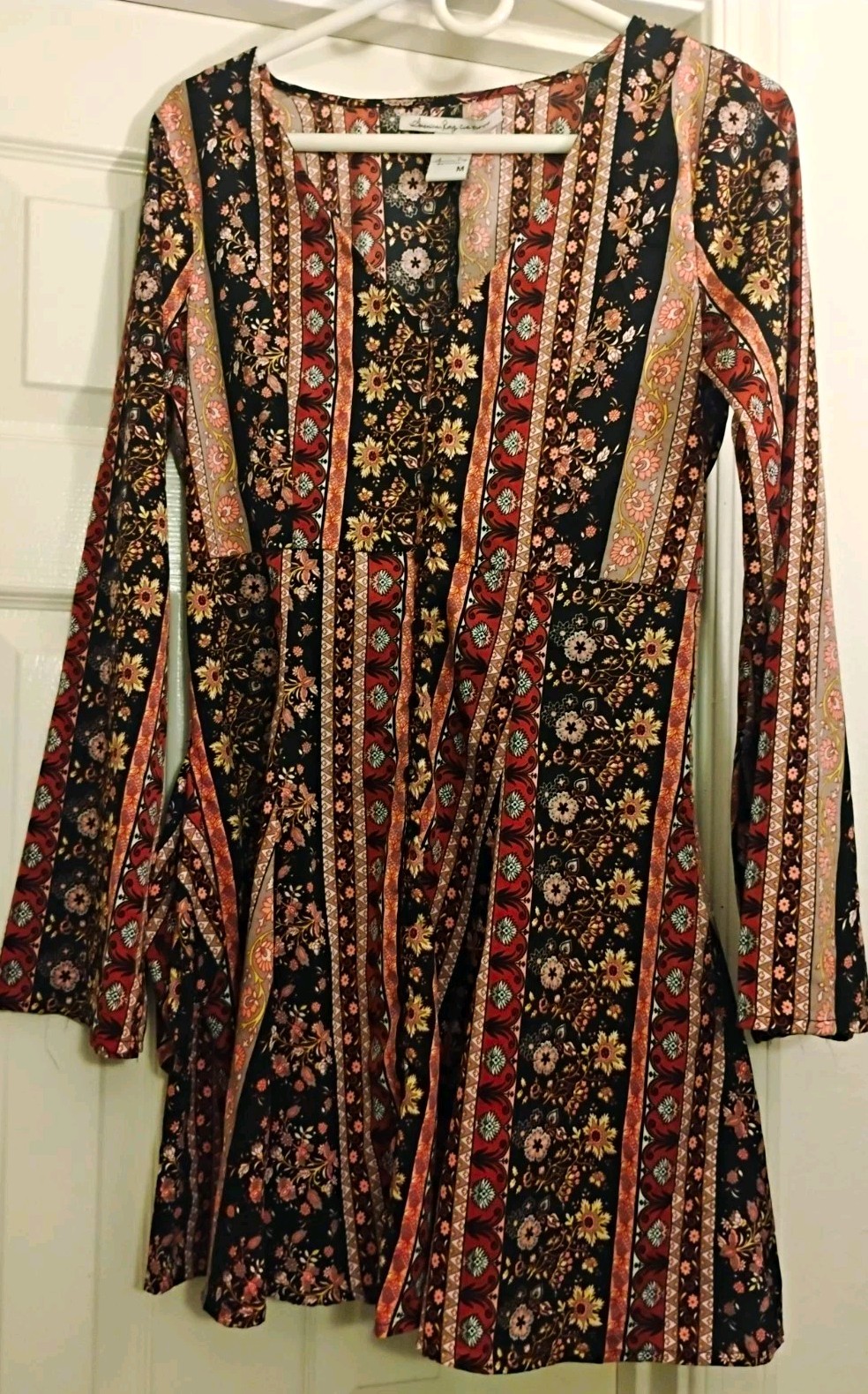 American Rag Cie Black Pink Beige Floral A-Line V-Neck Long Sleeve Dress M