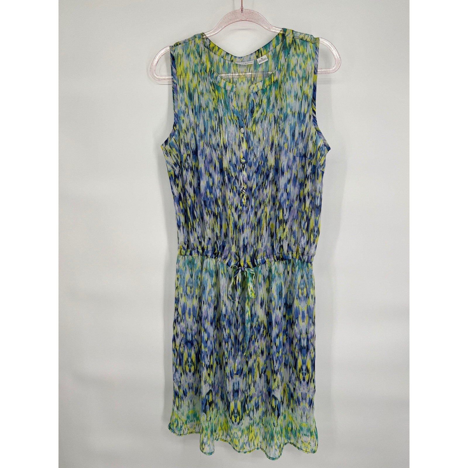 Liz Claiborne Dress Sheer Sleeveless Drawstring Waist Casual Blue Green XL